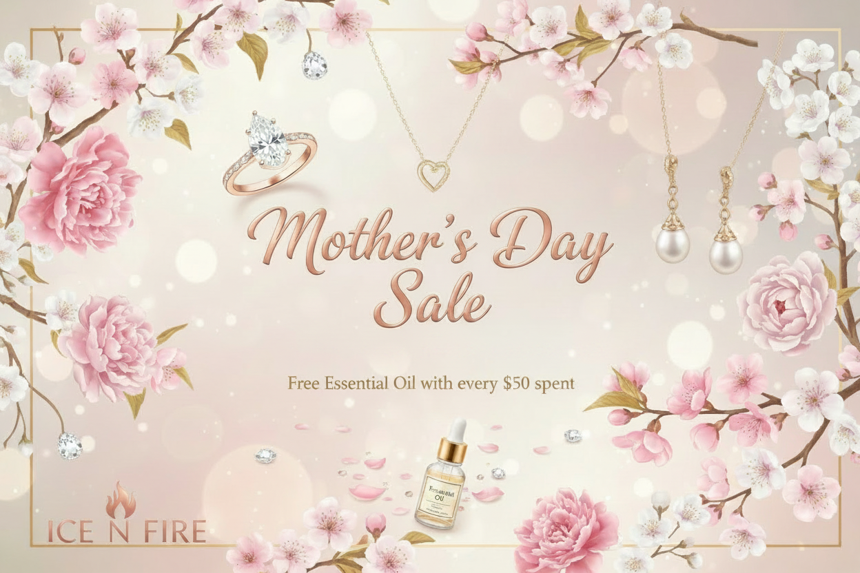 Promotional graphic for a Mother's Day sale featuring jewelry and flowers on a light pink background.